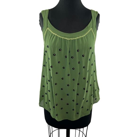 ANTHROPOLOGIE Postmark 9-H15 StCL Sheer Green Embroidered Flower Tank Top Size 4 - Picture 1 of 9